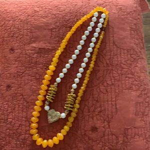 Yellow Beaded Necklace/White Bead Heart Necklaces